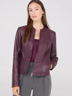 Collarless Faux Leather Jacket