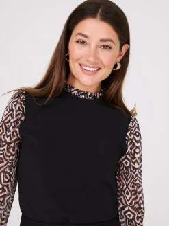 Crew Neck Scuba Top With Printed Chiffon Sleeves