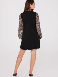Crew Neck Scuba Top With Printed Chiffon Sleeves