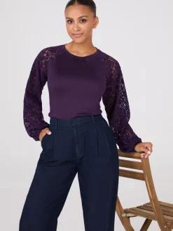 Crew Neck Top With Chenille Lace Sleeves
