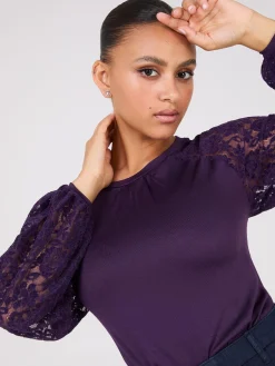 Crew Neck Top With Chenille Lace Sleeves