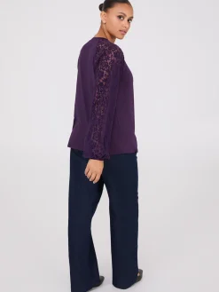 Crew Neck Top With Chenille Lace Sleeves
