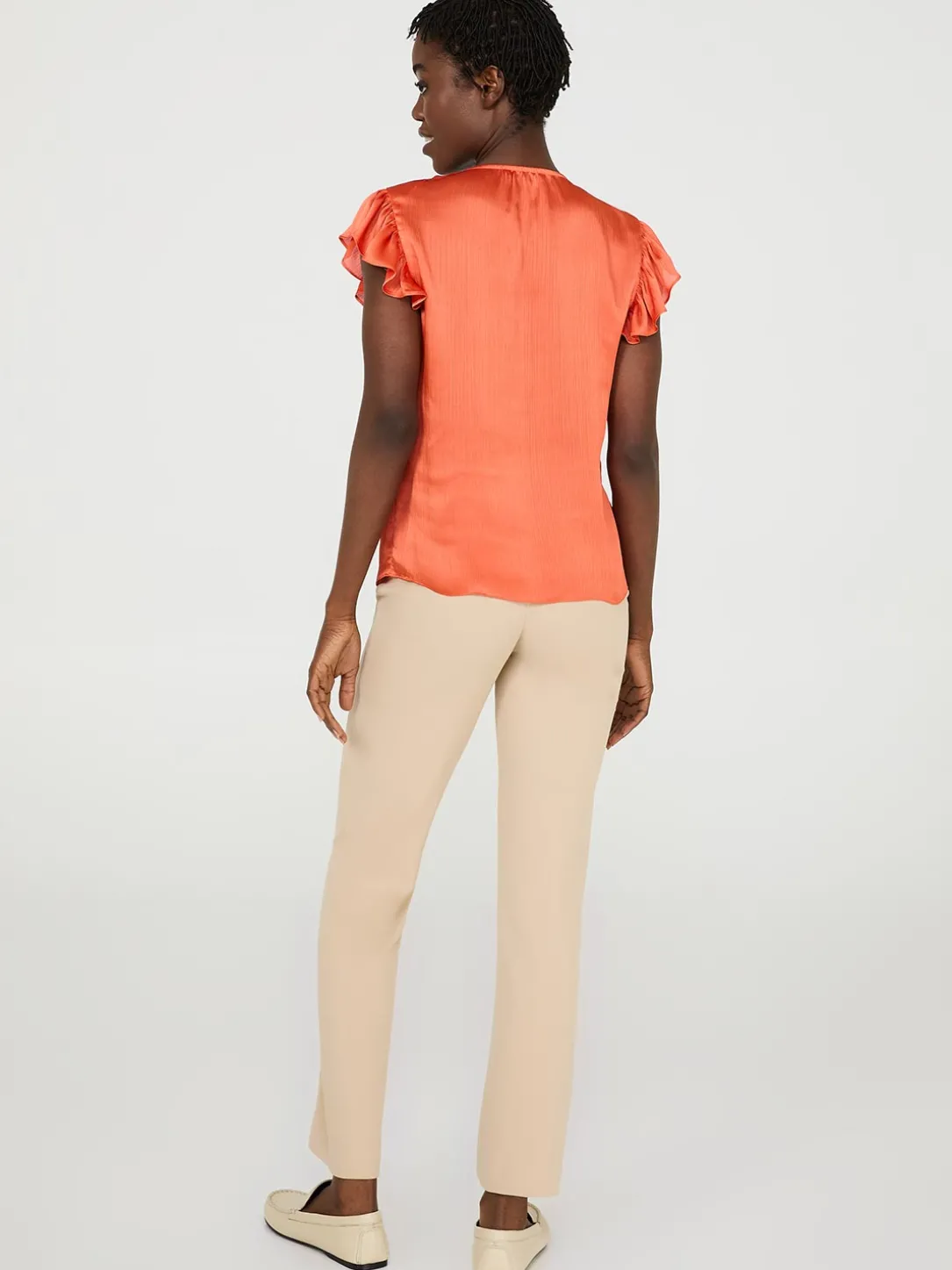 Crinkle Satin Ruffle Sleeve Button-Front Blouse