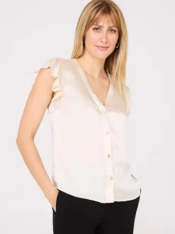 Crinkle Satin Ruffle Sleeve Button-Front Blouse