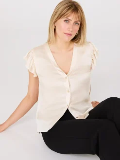 Crinkle Satin Ruffle Sleeve Button-Front Blouse
