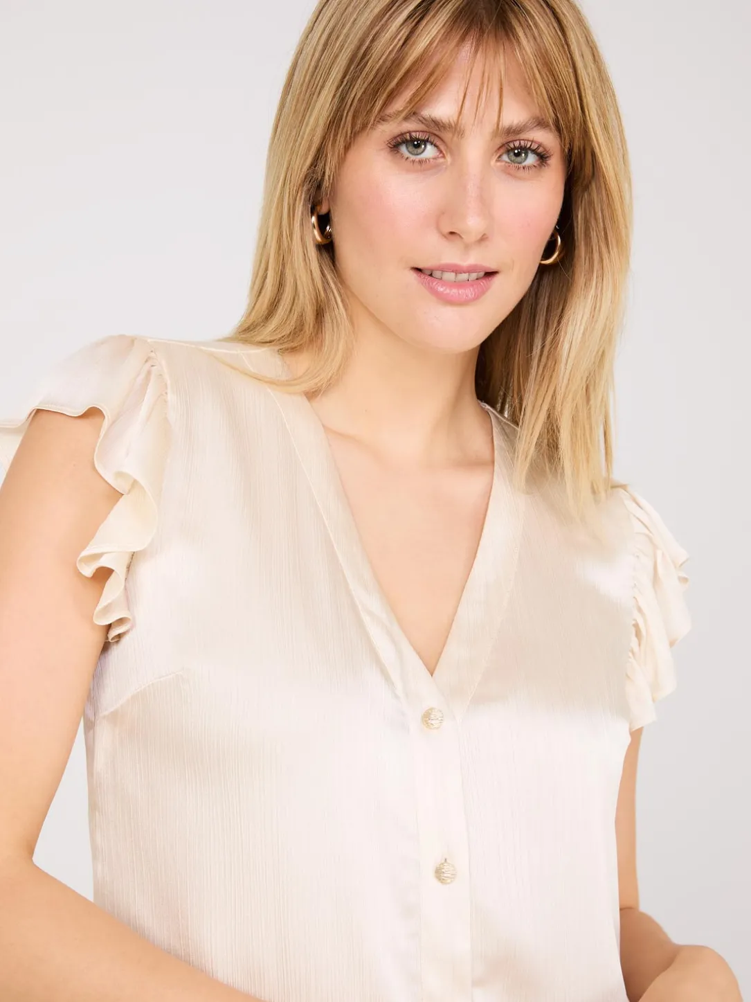 Crinkle Satin Ruffle Sleeve Button-Front Blouse
