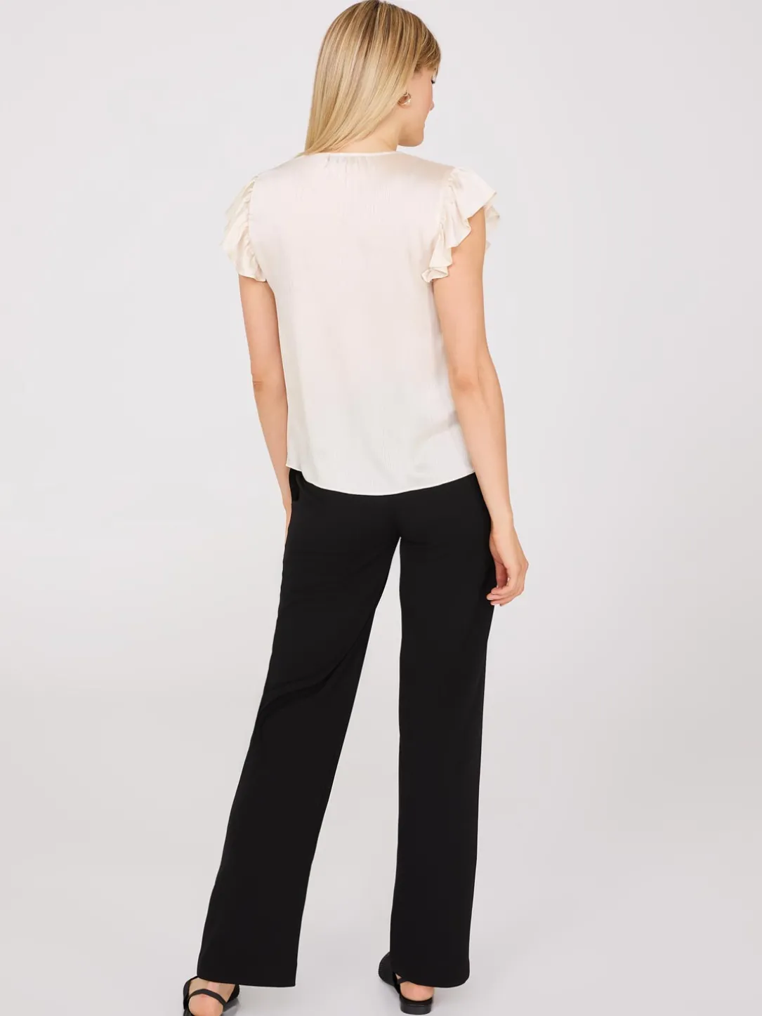 Crinkle Satin Ruffle Sleeve Button-Front Blouse