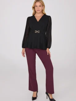 Crossover Peplum Top With Gold Buckle Belt
