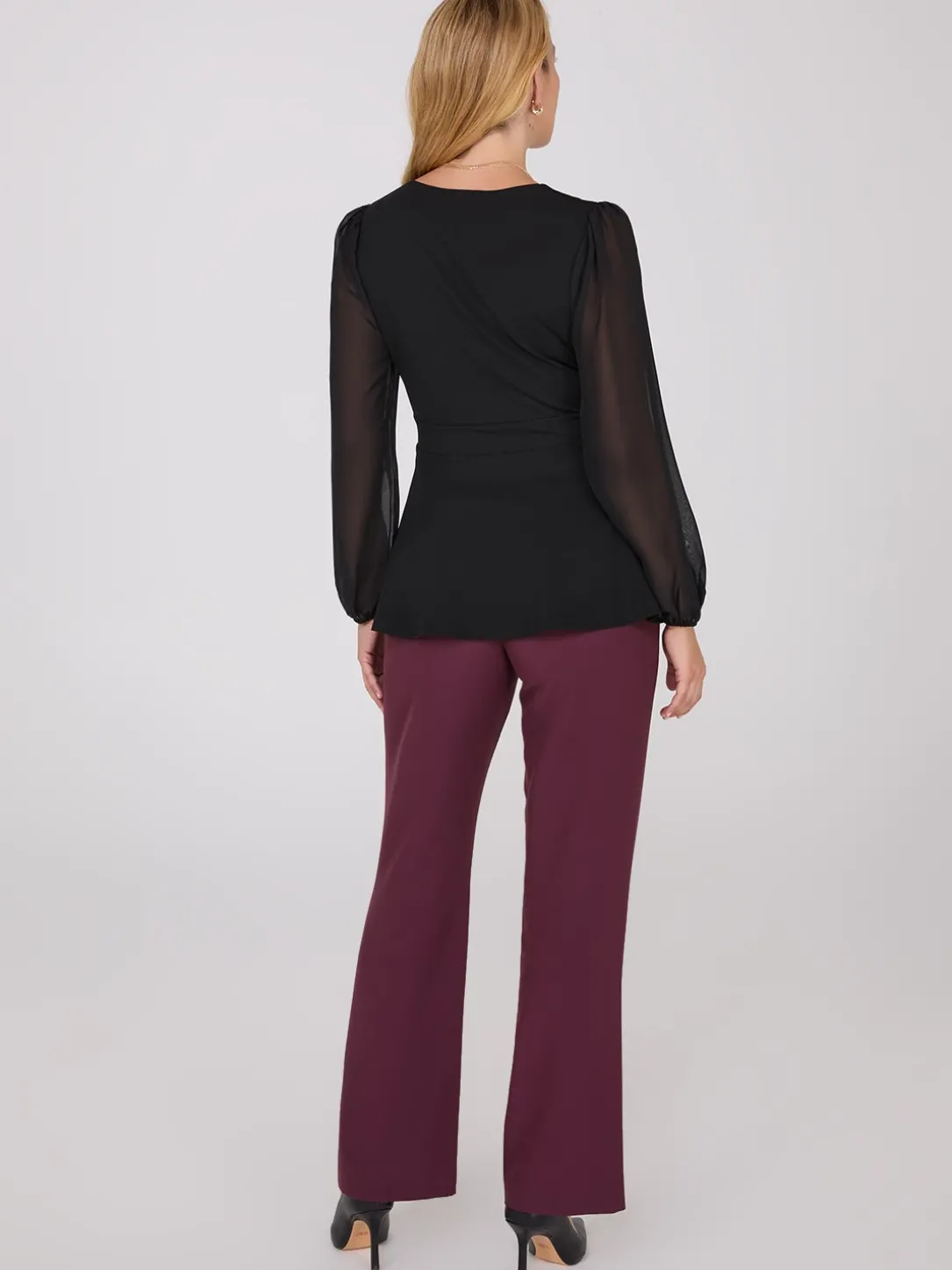 Crossover Peplum Top With Gold Buckle Belt