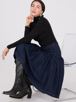 Denim Pleated Midi Skirt