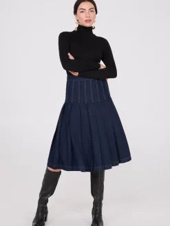 Denim Pleated Midi Skirt