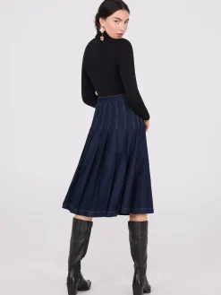 Denim Pleated Midi Skirt