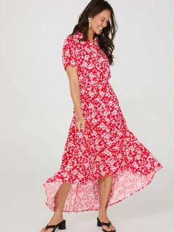 Ditsy Floral Print High-Low Maxi Shirt Dress