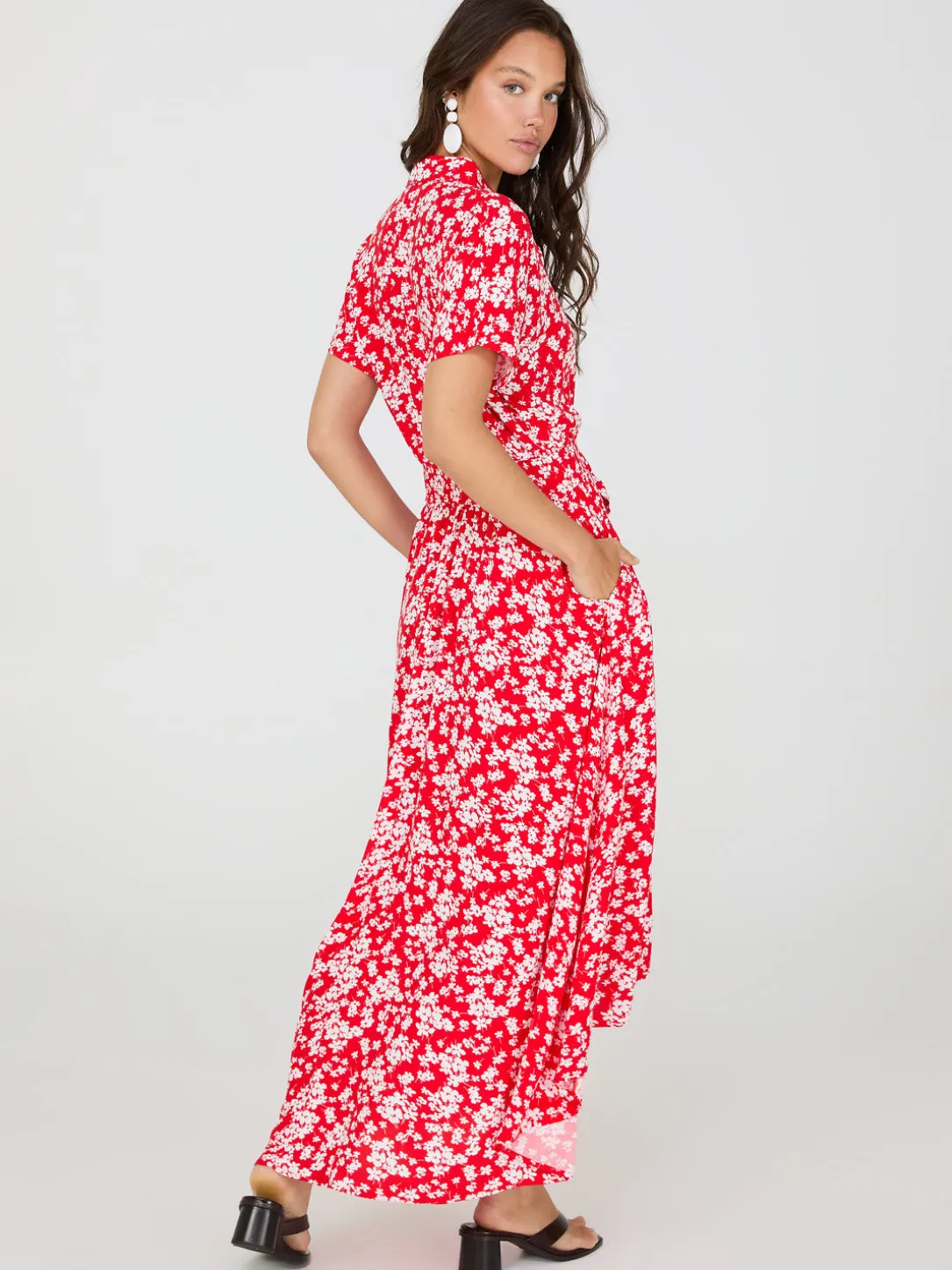 Ditsy Floral Print High-Low Maxi Shirt Dress