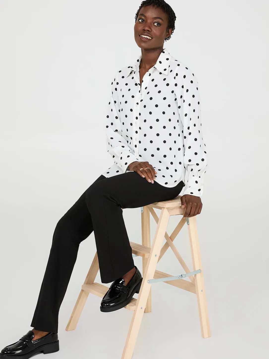 Dot Print Chiffon Button-Front Blouse