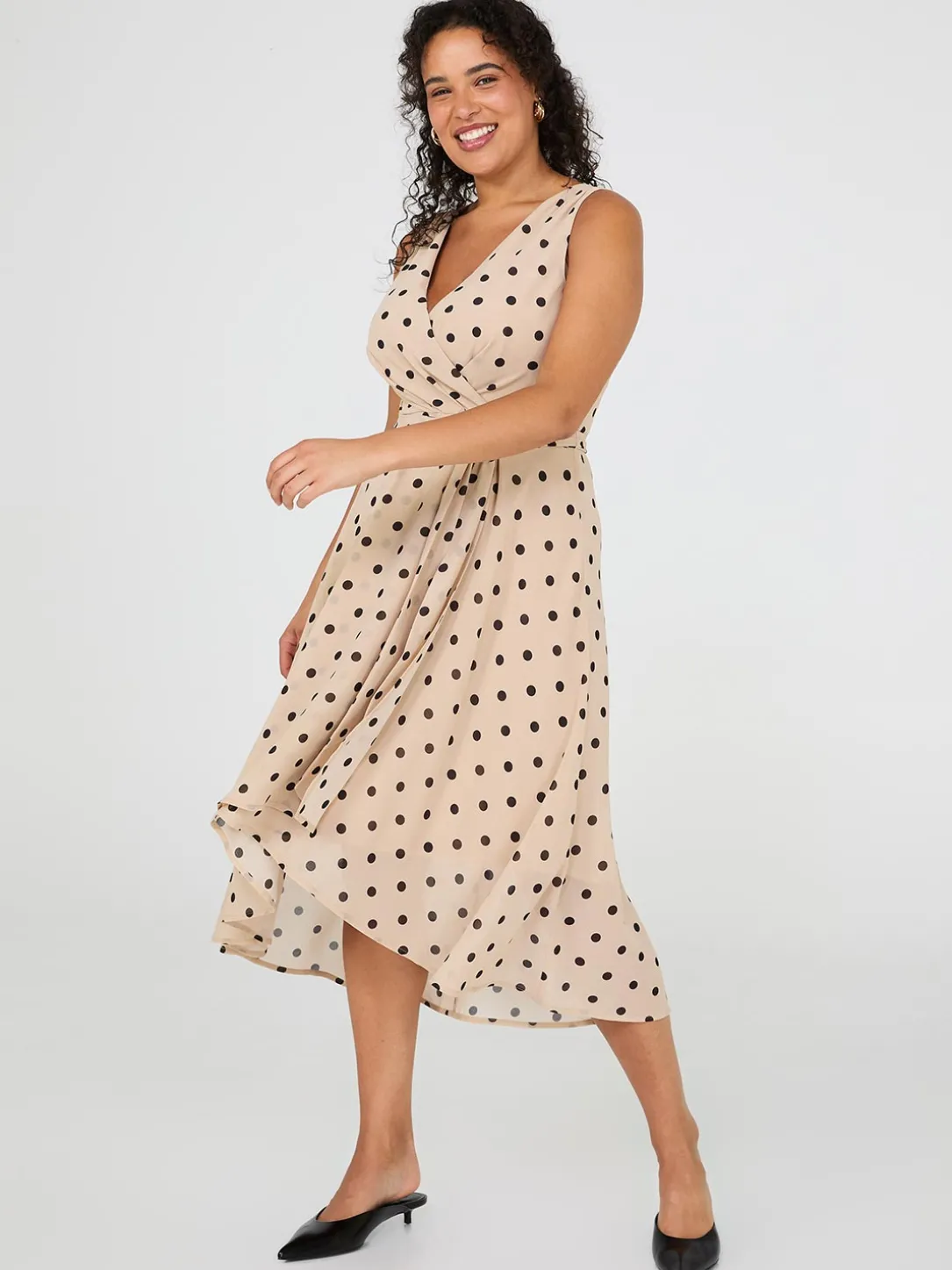 Dot Print Crossover Chiffon Midi Dress