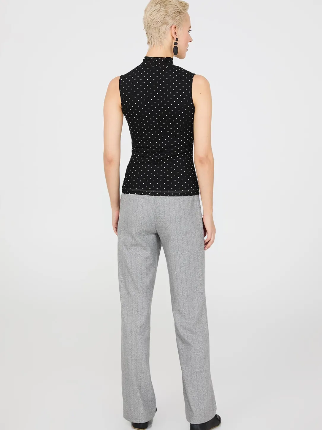 Dot Print Mock Neck Mesh Top