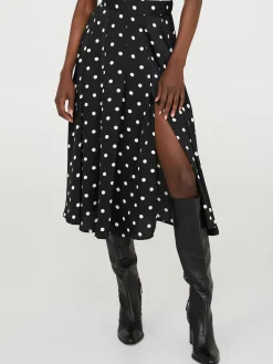 Dot Print Pleated Satin Midi Skirt