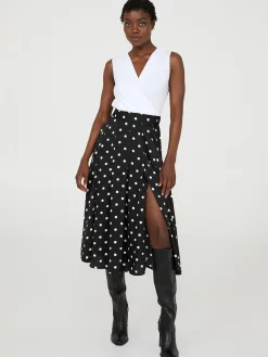Dot Print Pleated Satin Midi Skirt