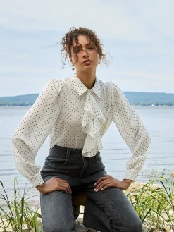 Dot Print Ruffle Button-Front Blouse