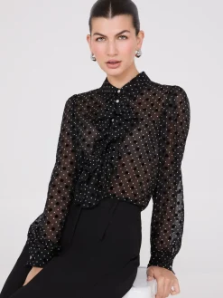 Dot Print Ruffle Button-Front Blouse