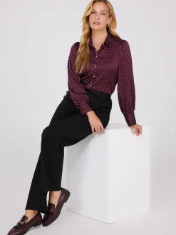 Dot Print Satin Volume Sleeve Button-Front Blouse