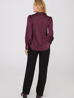 Dot Print Satin Volume Sleeve Button-Front Blouse
