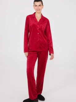 Dot Print Velour Button-Down Pajama Set
