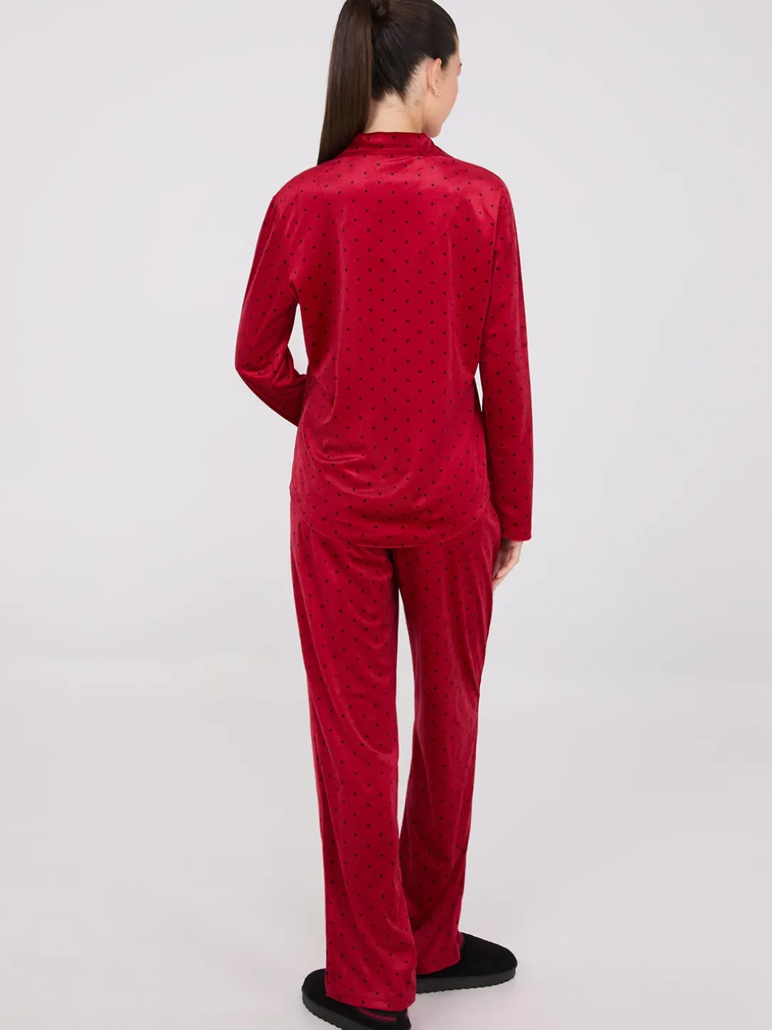 Dot Print Velour Button-Down Pajama Set