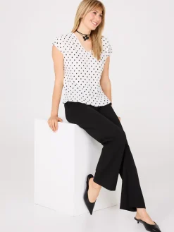Dot Print V-Neck Pleated Top