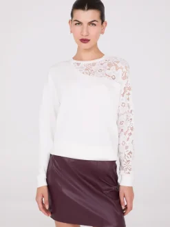 Drop Shoulder Sweater With Lace Sleeve