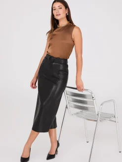 Faux Leather Belted Pencil Skirt