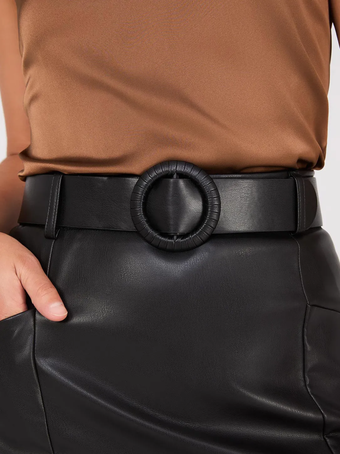 Faux Leather Belted Pencil Skirt