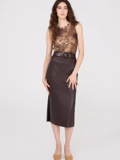 Faux Leather Belted Pencil Skirt