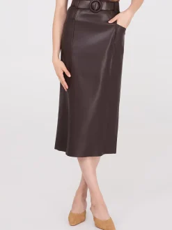 Faux Leather Belted Pencil Skirt
