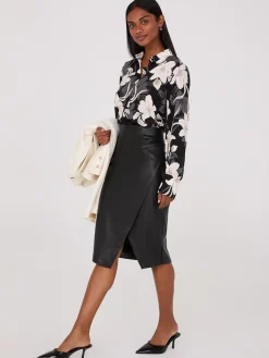 Faux Leather Front Wrap Pencil Skirt