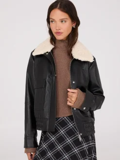 Faux Leather Jacket With Shearling Collar