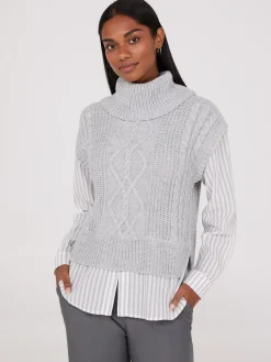 2-Fer Cable Knit Vest With Striped Blouse