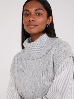 2-Fer Cable Knit Vest With Striped Blouse