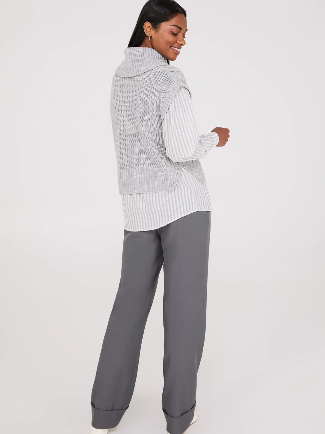 2-Fer Cable Knit Vest With Striped Blouse