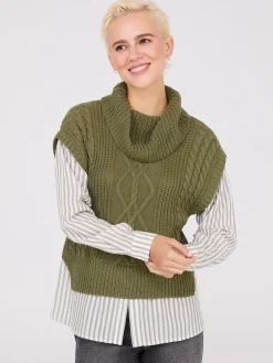 2-Fer Cable Knit Vest With Striped Blouse