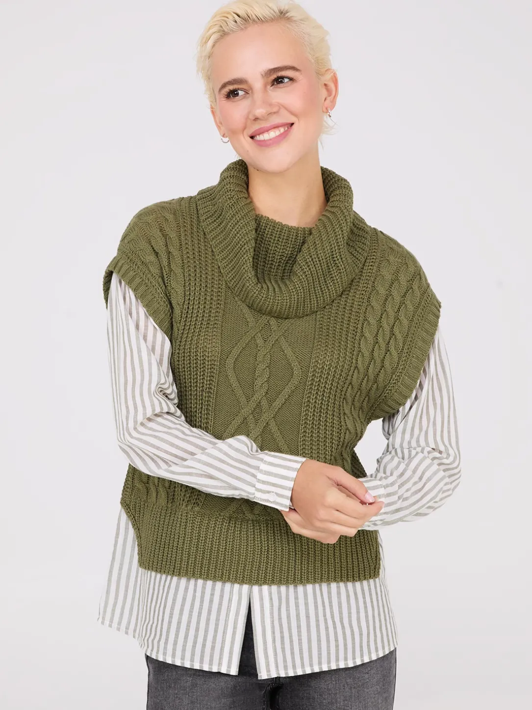 2-Fer Cable Knit Vest With Striped Blouse