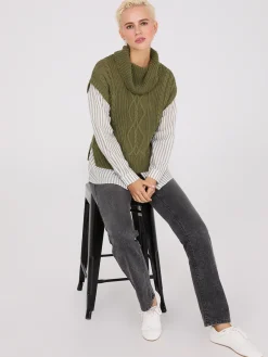 2-Fer Cable Knit Vest With Striped Blouse