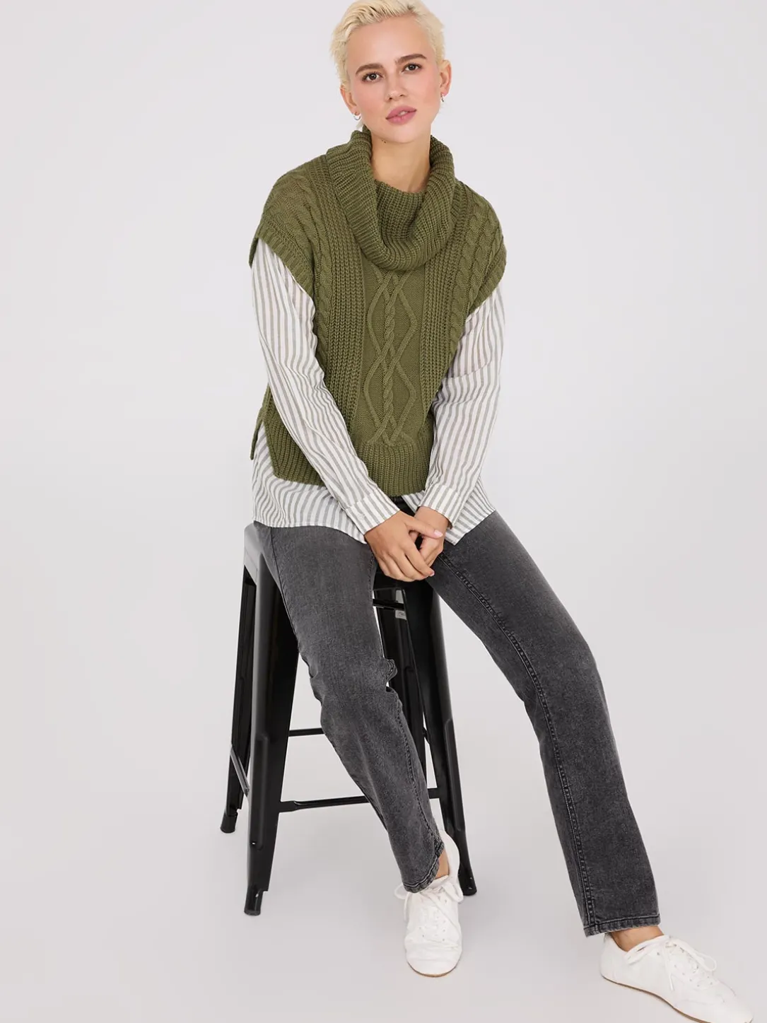 2-Fer Cable Knit Vest With Striped Blouse