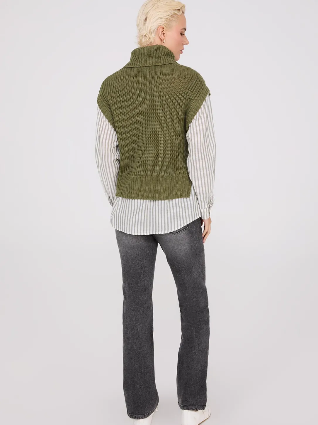 2-Fer Cable Knit Vest With Striped Blouse