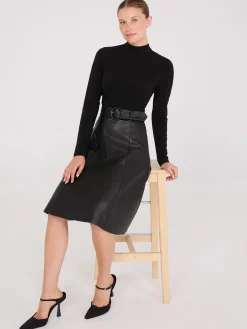 2-Fer Mock Neck Faux Leather Dress