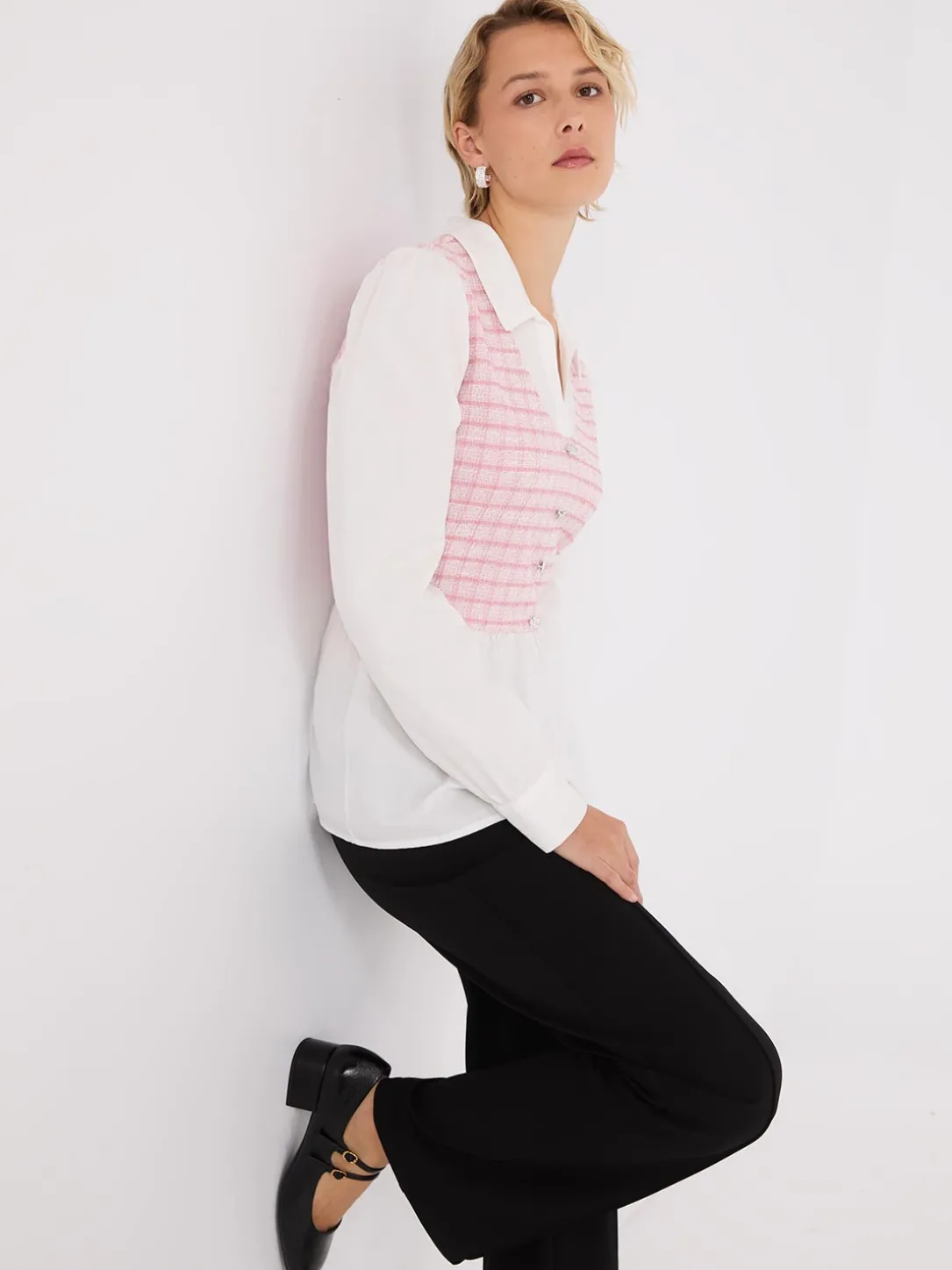 2-Fer Plaid Boucle Vest With Blouse