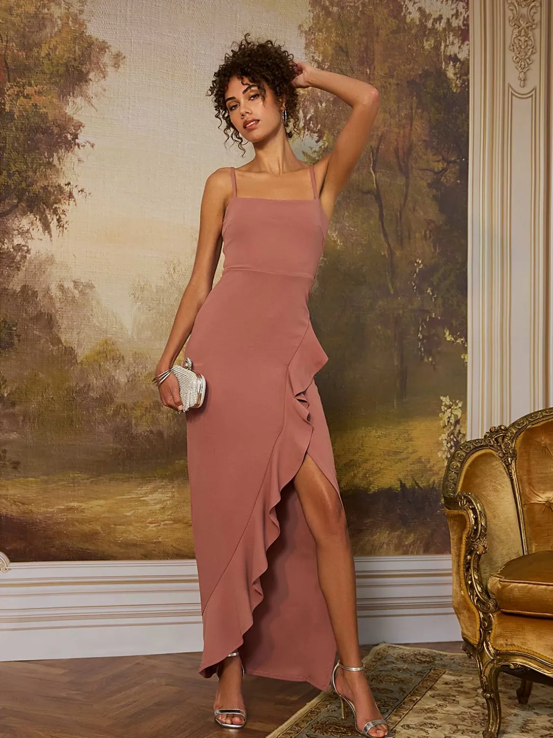 Fitted Gown With Ruffled Side Slit