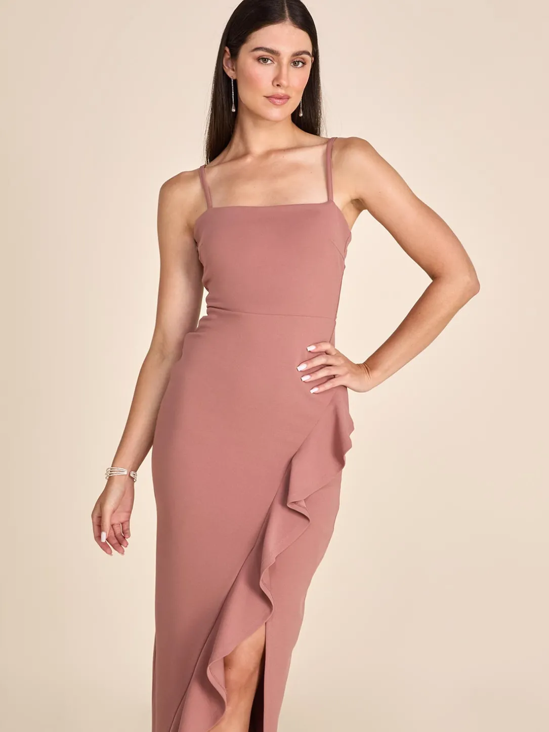 Fitted Gown With Ruffled Side Slit