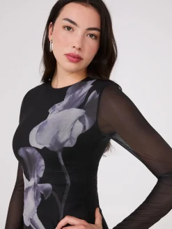 Floral Placement Mesh Midi Column Dress